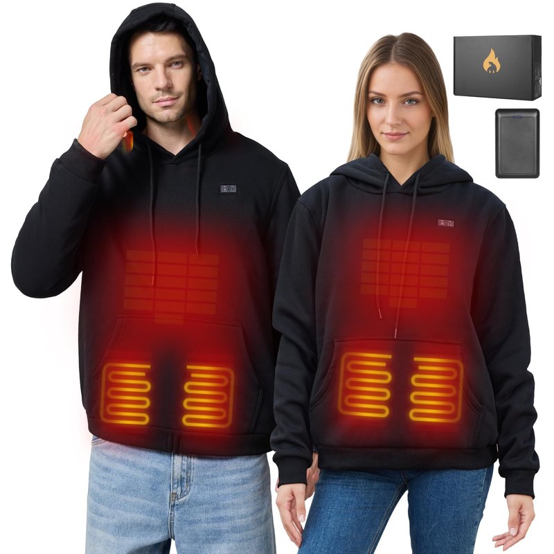 Moteoza Heated Hoodie for Women Men with Fleece Lining 7.4V 16000mAh Battery Heated Pullover Hooded Heated Sweatshirt (Black L)
