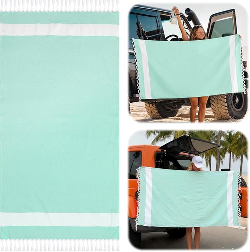 HunnmingRe Extra Large Magnetic Beach Towel - 39 x 71 Inch Sandproof Turkish Blanket in Green