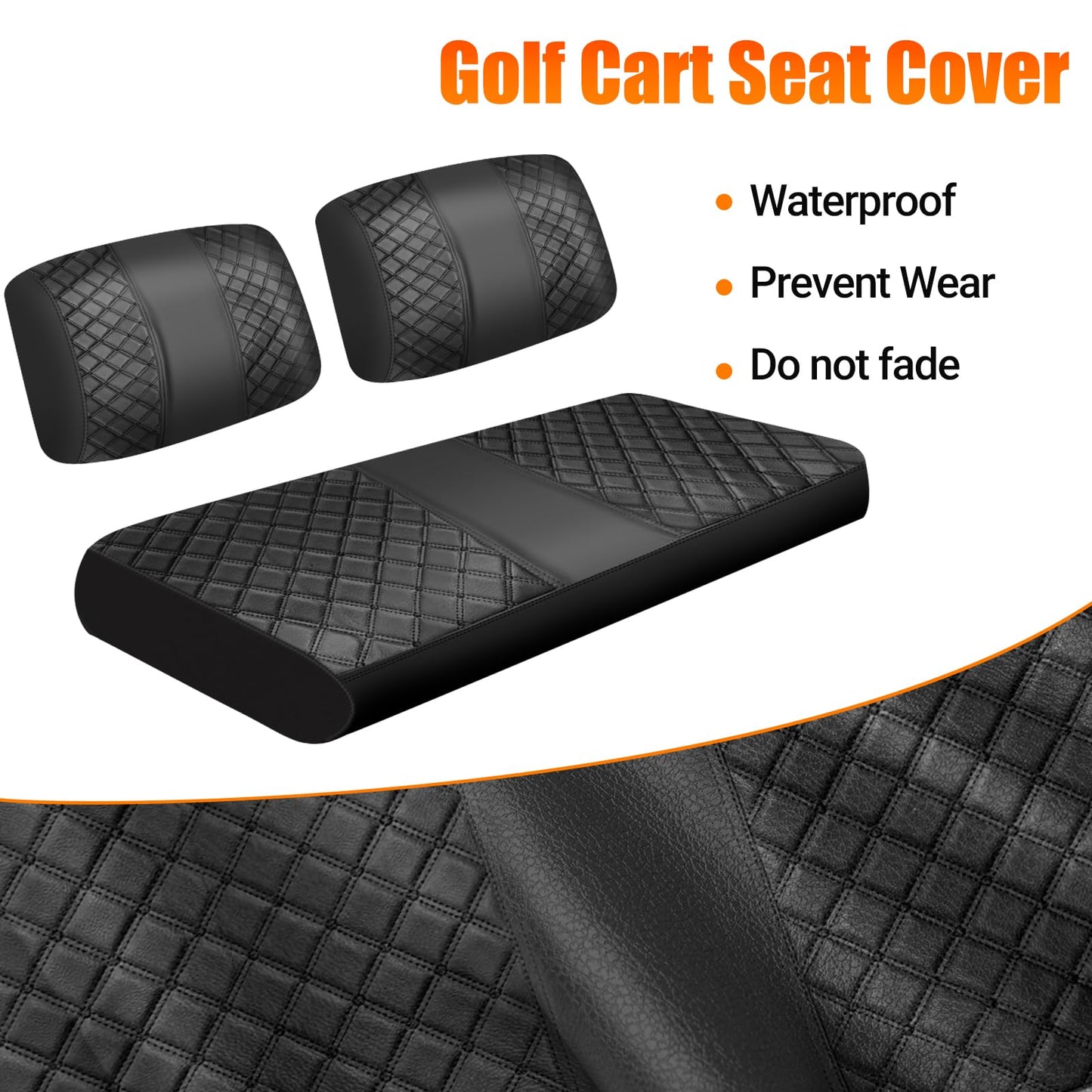 ZWPARTS Staple On Golf Cart Front Seat Covers Black Diamonds PU Leather Seat Covers Replacement for Club Car DS 1982-2000