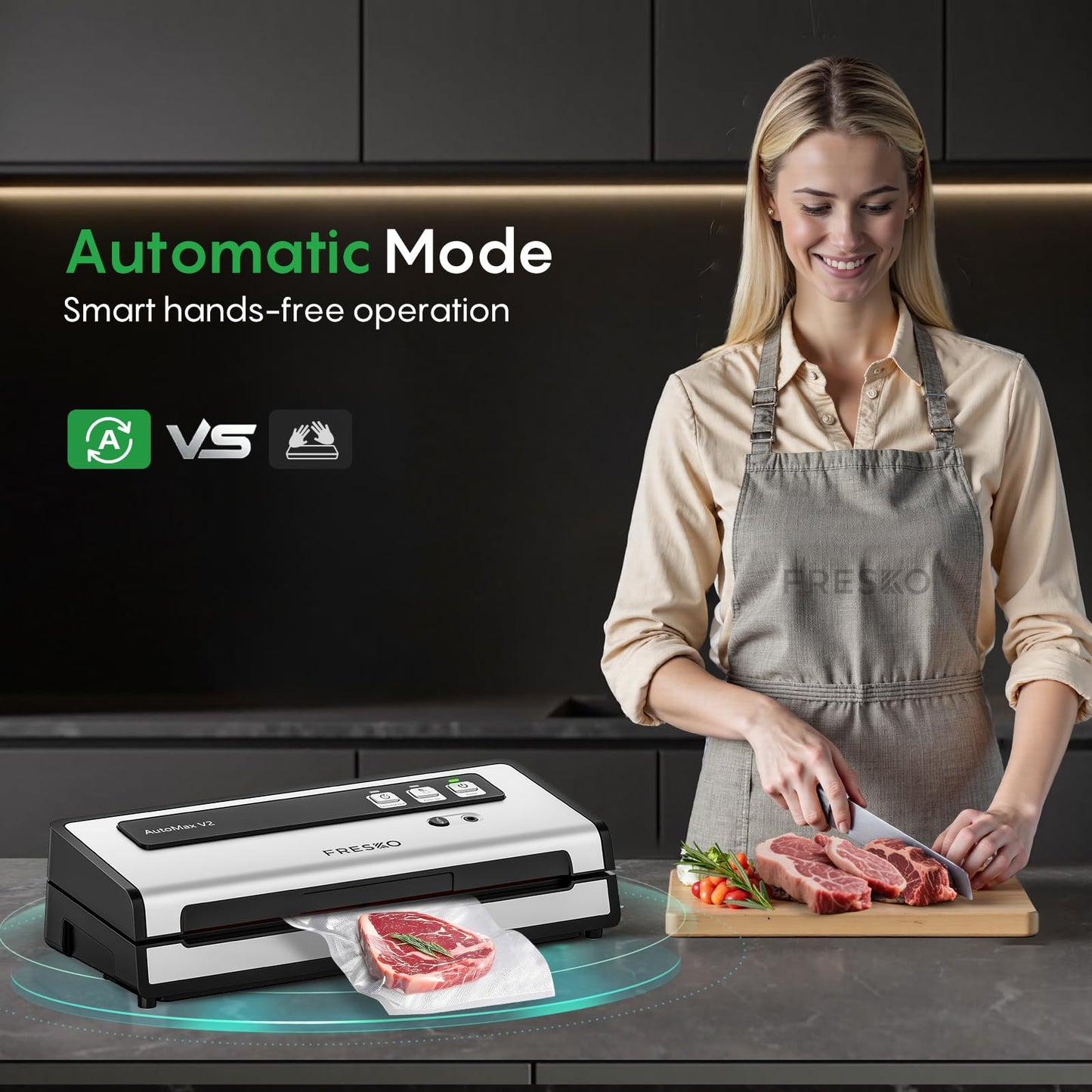 FRESKO Automatic Vacuum Sealer for Food with 95 kPa Powerful Suction, Compact Food Sealer machine Starter Kit with 10 Vacuum Bags for Dry/Moist Food, Sous Vide, Meal Prep