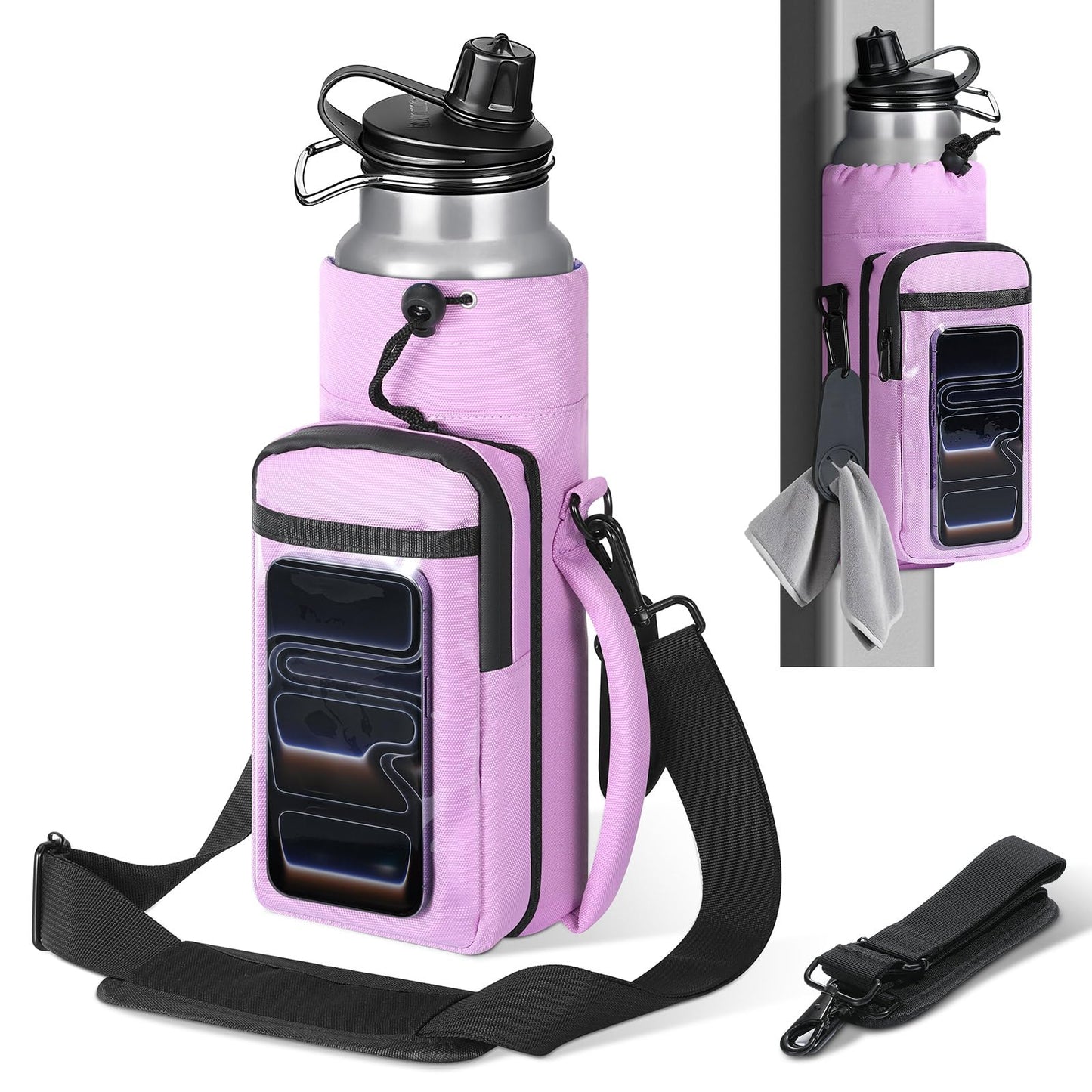 MoKo Magnetic Gym Bag, Magnetic Water Bottle Holder with Clear Phone Pouch, Built-in 4 Magnets Fitness Bag for Men and Women Compatible with Most Water Bottles, Gym Accessories Gifts, Purple