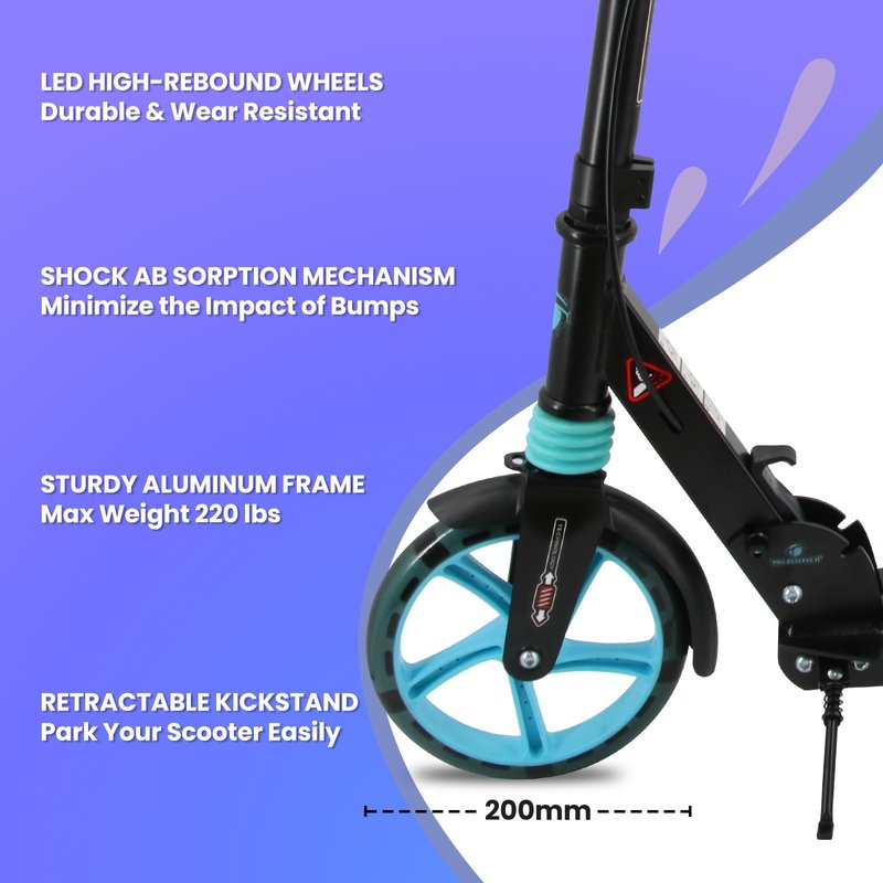 Scooter for Ages 8+ Teens and Adults Kick Scooter Foldable with Double Braking System Bells Adjustable Handlebars Kickstand Max Load 220 LBS 8" Big Wheels (Black)