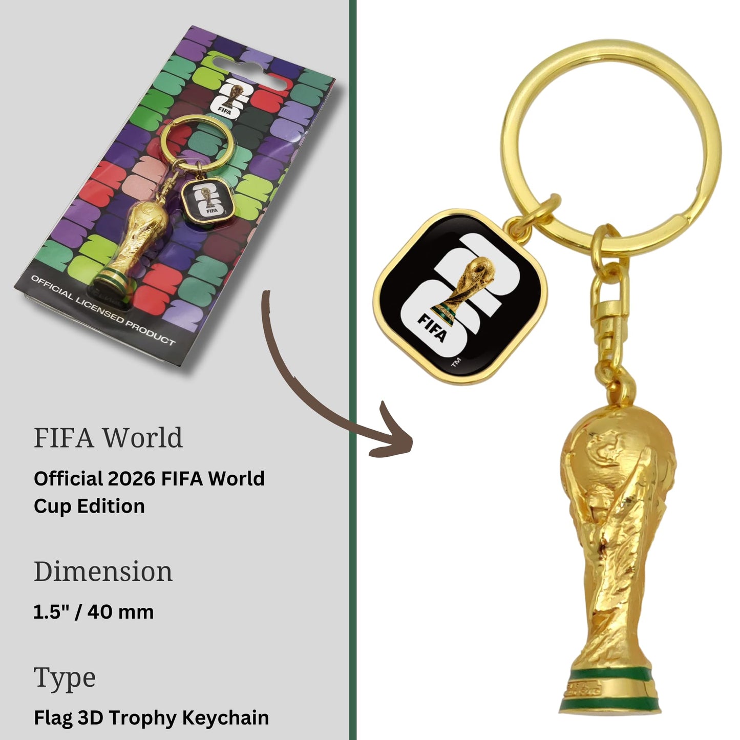 Official FIFA World Cup 2026 Edition - 1.75 inch 3D Premium Zinc Alloy Metal Trophy Keychain w/FIFA 2026 Enamel logo Dangler- Limited Collectors Item - For Keys or add to backpacks or bags as Décor