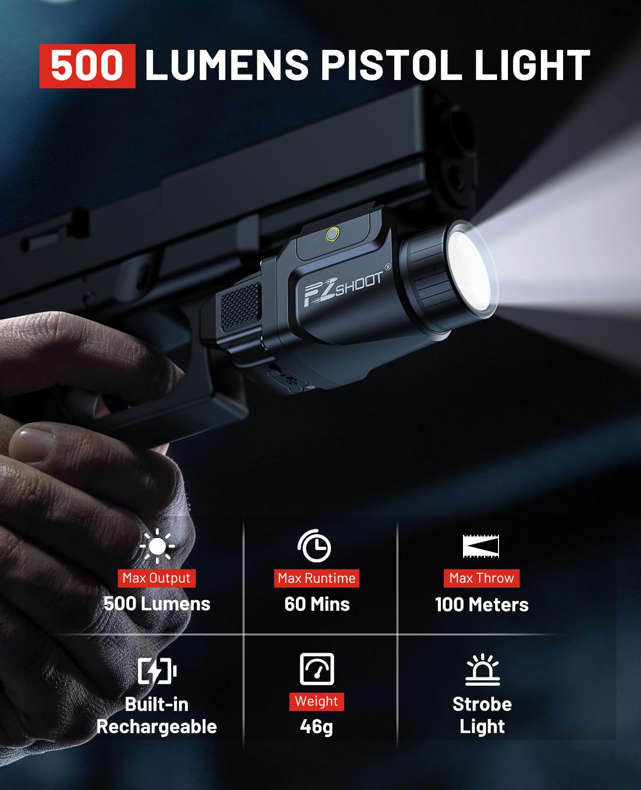 EZshoot 500 Lumens Pistol Light Compatible with GL and Picatinny Rail