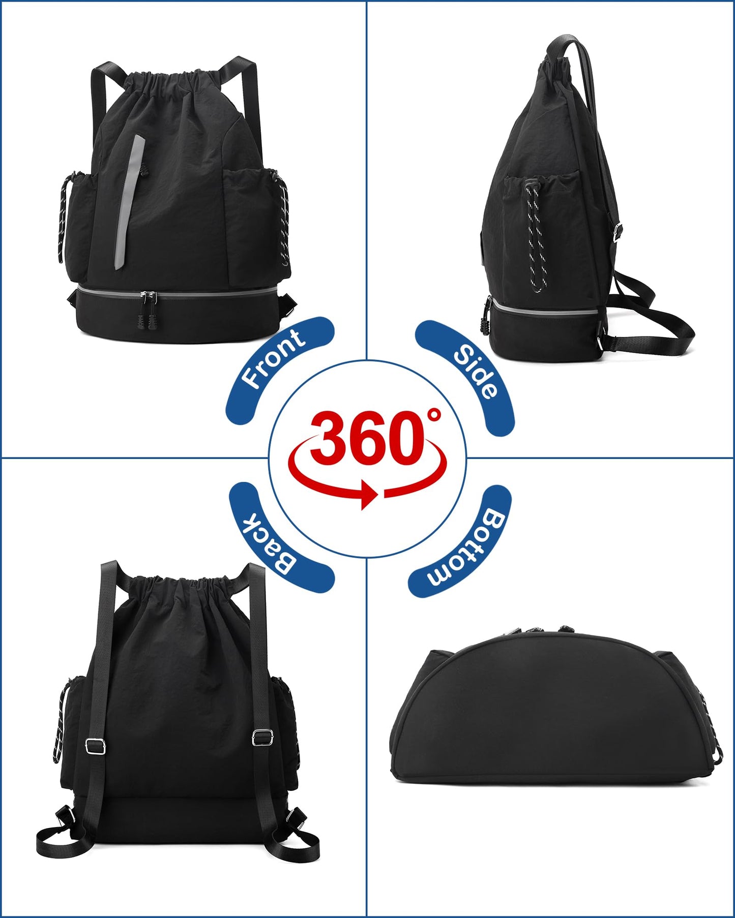JELUTAR Drawstring Backpack for Men Women Water-Resistant Gym Bag with Shoe Compartment Lightweight String Sport Sackpack for Basketball Soccer Swimming and Travel, Black