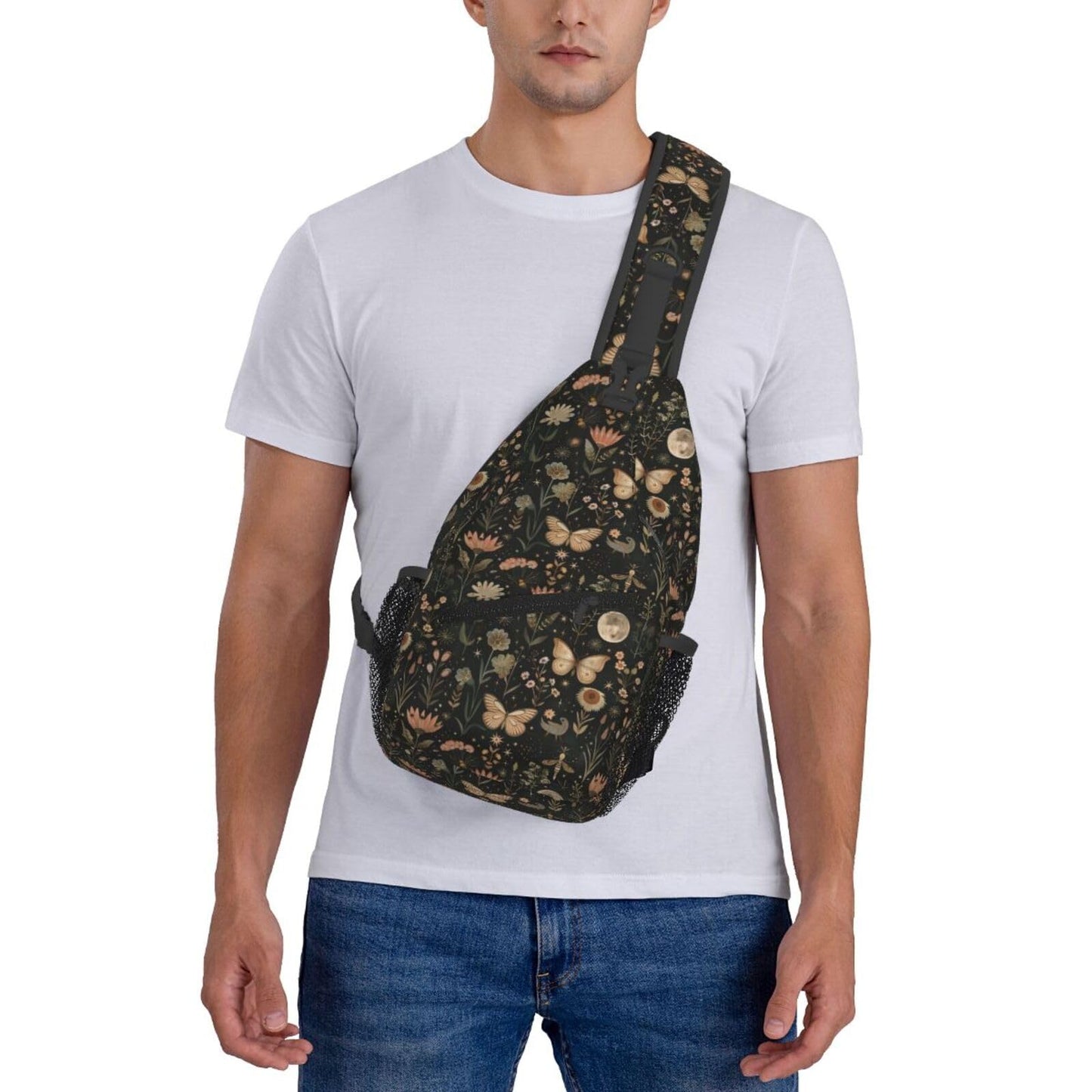 SUPLUCHOM Sling Bag Vintage Butterfly Moon Flower Hiking Daypack Crossbody Shoulder Backpack Travel Chest Pack for Men Women
