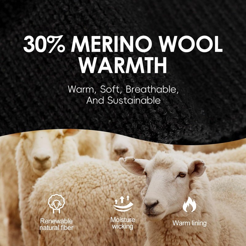 M/L/XL/XXL Merino Wool Beanie for Men, Plus Size Warm Knit Hat with Fold-Up Cuff, Soft Ski Skull Cap for Big Heads Black