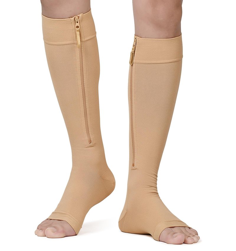 NURCOM Copper Compression Socks for Varicose Veins & Lymphedema, Zipper Compression Socks 20-30 mmHg Knee-High Open Toe Beige Large, Relieve Swelling & Discomfort, Improve Circulation, DVT Prevention