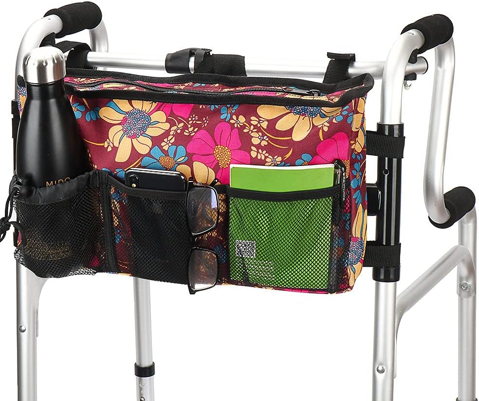 Walker Bag - Water Resistant Pouch Basket with 6 Pockets for Rollators & Wheelchairs | Floral Design