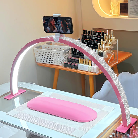 FFKJDM Large 29-inch Half Moon Light for Nail Desk,48W LED Light with Hand Pillow and Phone Holder, Nail Desk lamp for lash Eyelash Extension,Makeup Desk lamp,Color Temperature 3000K-6000K (Pink)