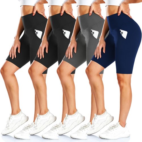 FULLSOFT 4 Pack Biker Shorts for Women – 8" High Waist Tummy Control Workout Yoga Running Compression Exercise Shorts with Pockets(4 Pack Black/Black/Navy Blue/Grey,Large-X-Large)
