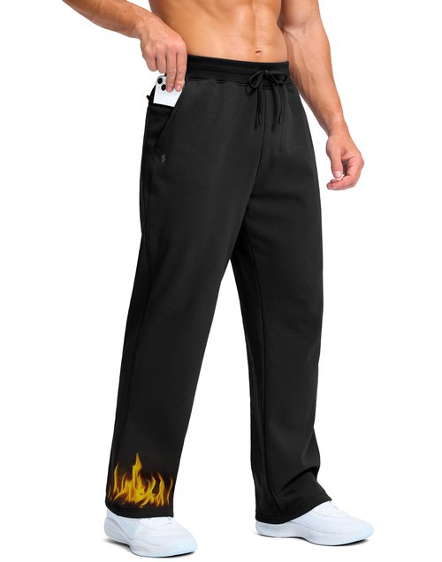 Soothfeel Men's Fleece Sweatpants Cotton Open Bottom Straight Leg Baggy Winter Warm Pants Sweatpants Black L