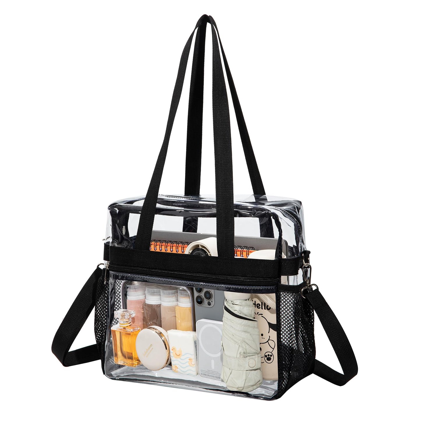 LERASO Clear PVC Transparent Tote Bag, Heavy Duty Waterproof Clear Crossbody Bag Stadium Approved with Adjustable Removable Strap for Concerts, Sports, Work, Beach & Daily Use,Black