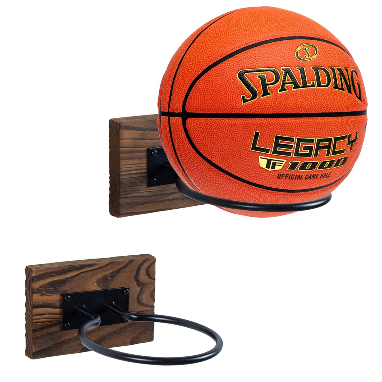 MyGift Wall-Mounted Sport Ball Rack Display Holder - Solid Brown Wood and Metal Hanging Gym Basketball Football Volleyball Soccer Ball Equipment Storage, Set of 2