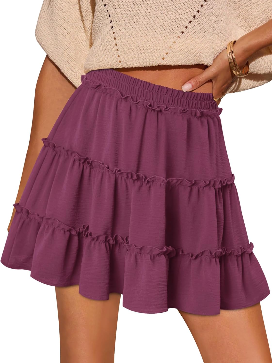 Onlypuff Women's Boho Mini Skorts - Flowy High Waist Ruffle Tiered Summer Lounge Shorts