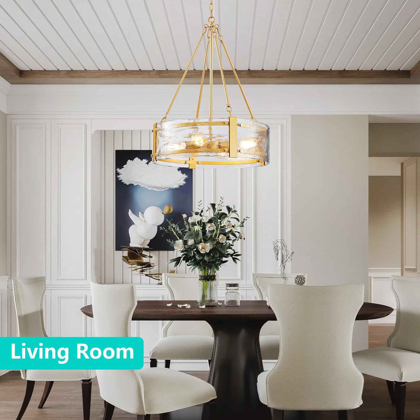 GlowEasely Modern Ripple Galss Chandelier, 4-Light Water Glass Pendant Light | Ribbed Glass, D20 * H29.5~78.2inch Height Adjustable, Fit for Dining Room, Living Room, Bedroom, Hallway, Kitchen, Foyer