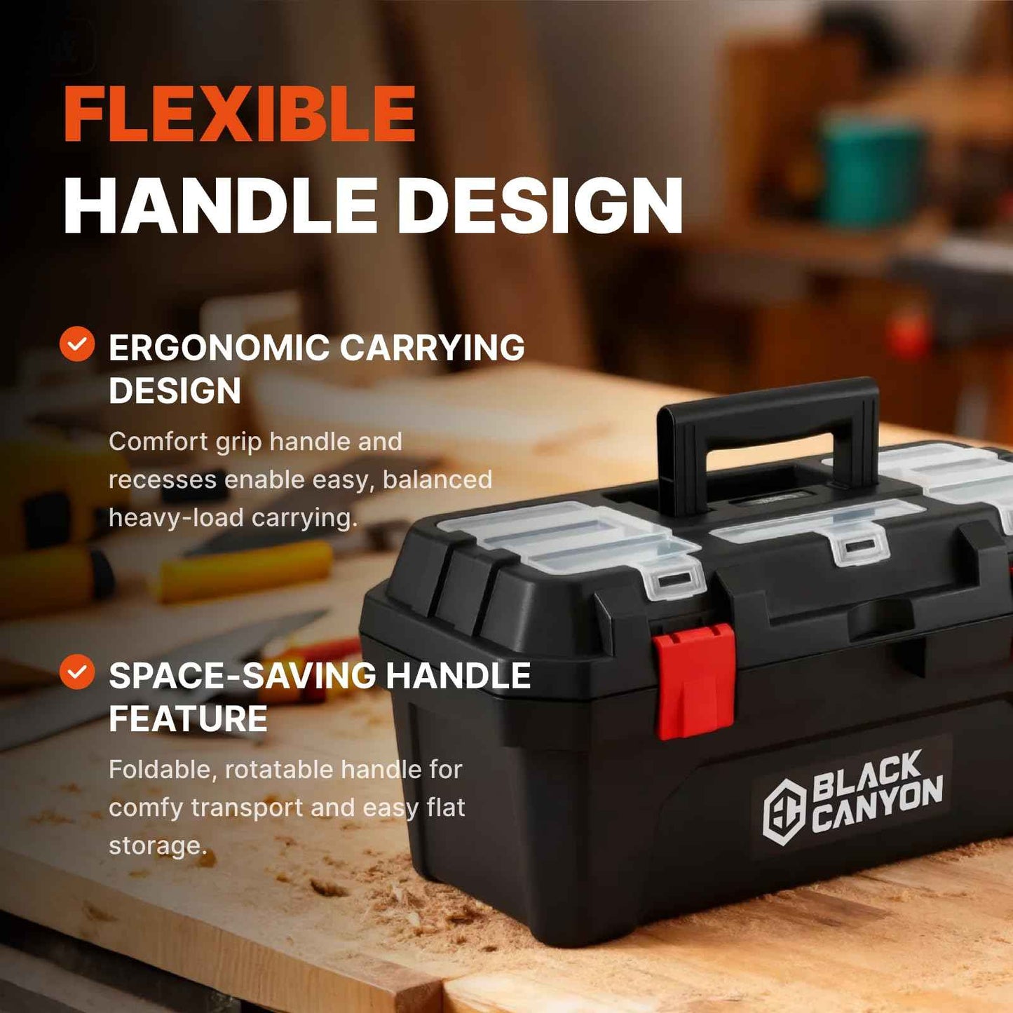 Black Canyon 17 Inch Plastic Tool Box, Support up to 44 lbs, w/Handle, Polypropylene, Dual-Layer Design, Flexible for Stacking, Top-Lid Storage, Ideal for DIY, Workshop, Job Site Organization