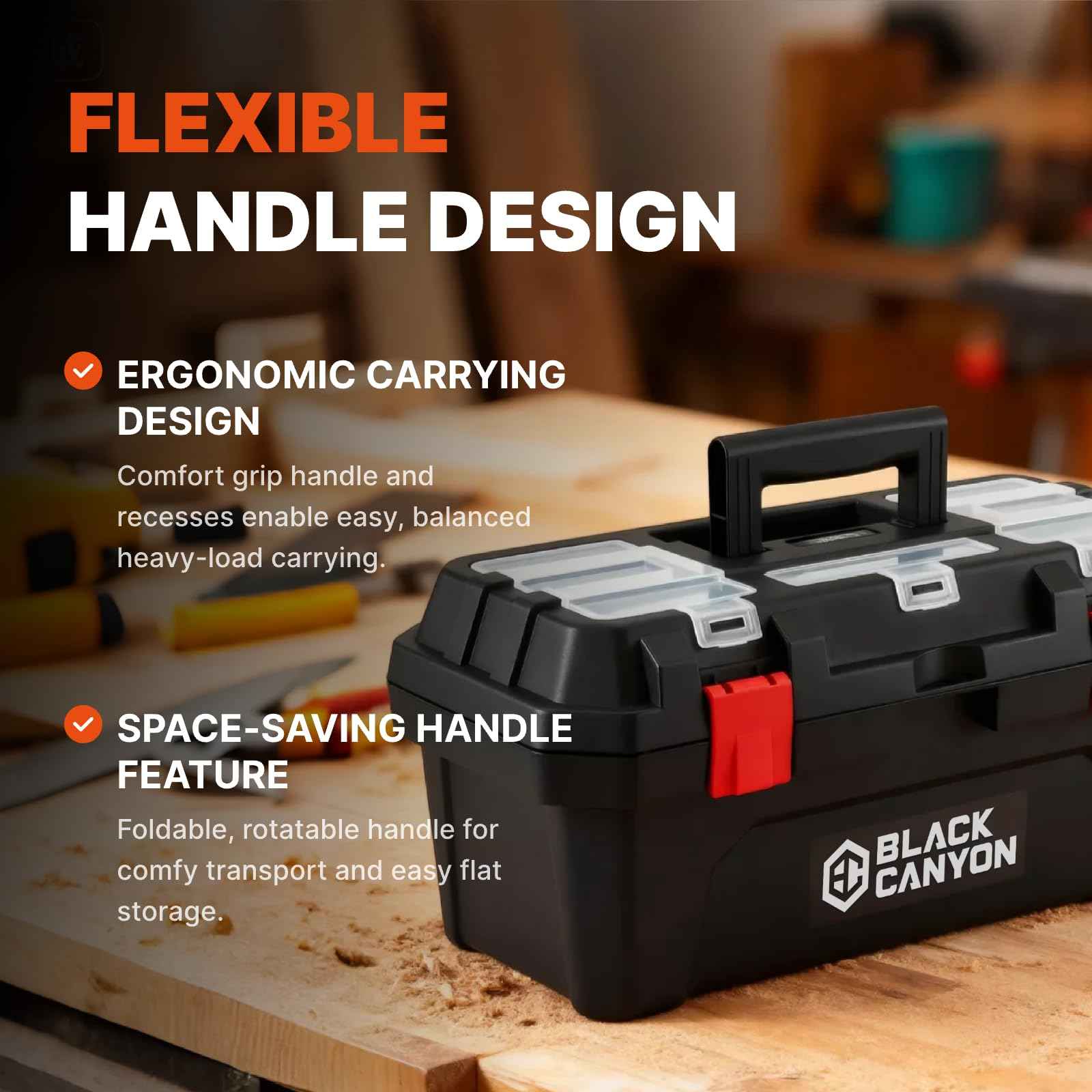 Black Canyon 17 Inch Plastic Tool Box, Support up to 44 lbs, w/Handle, Polypropylene, Dual-Layer Design, Flexible for Stacking, Top-Lid Storage, Ideal for DIY, Workshop, Job Site Organization