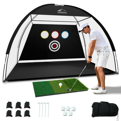 Golf Net, 10x7 Ft Golf Hitting Net with Tri-Turf Mat, Multi-Target Golf Practice Net for Outdoor/Indoor Chipping & Driving, Ideal Gift for Men/Dad/Husband/Golfers