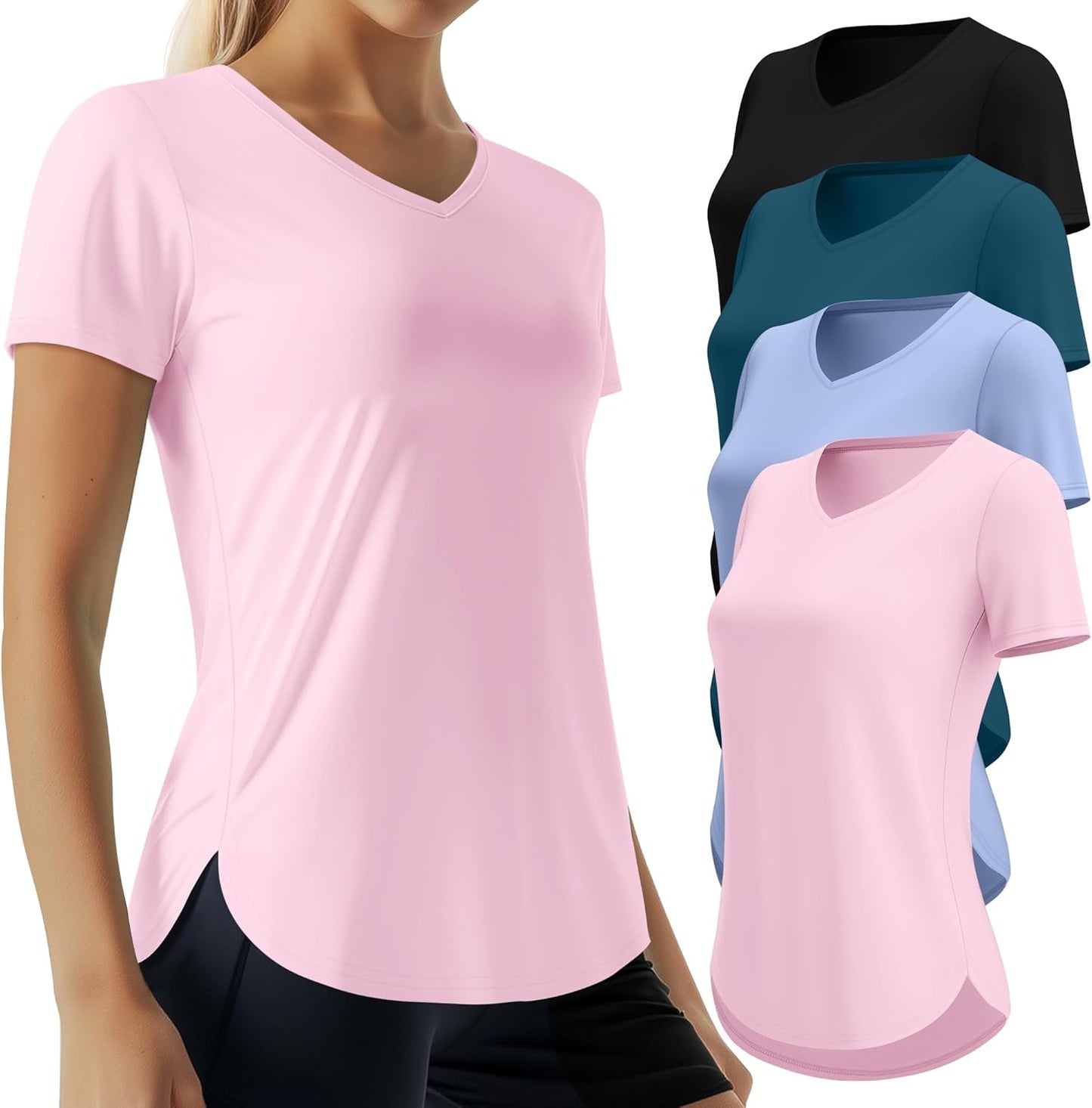 Oakgarden Women's Workout Tops - Quick Dry UPF 50+ V-Neck Gym Shirts | Lightweight, Side Slits, 4 Pack