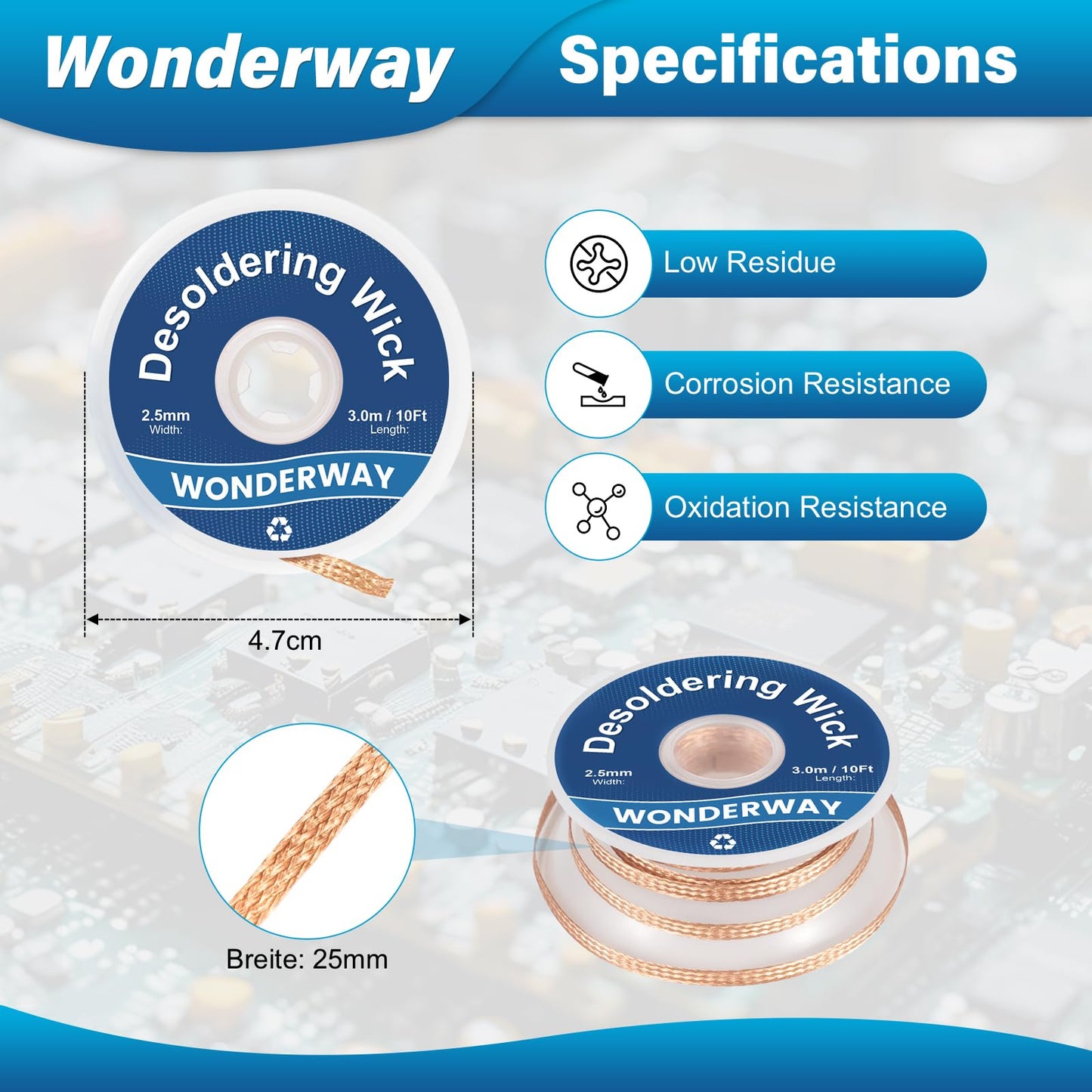 10Ft Desoldering Wick Braid Remover Solder (1 Pack) & Lead-Free Solder Flux For Electronics Soldering, No Clean 10cc (2 Packs) Supplied By Wonderway