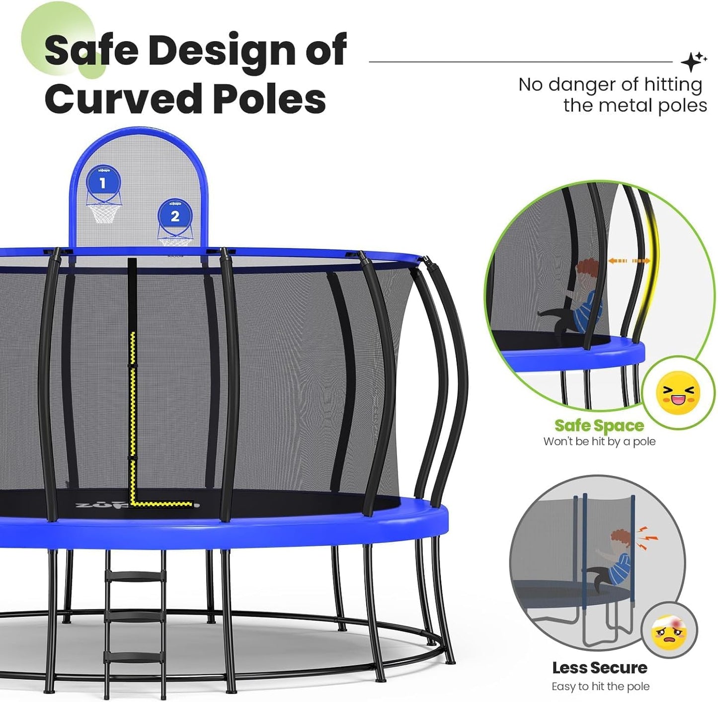 Zupapa 1800LBS Capacity Double Frame Trampoline - No-Gap Safety Design | Curved Poles & Basketball Hoop - 12FT to 16FT