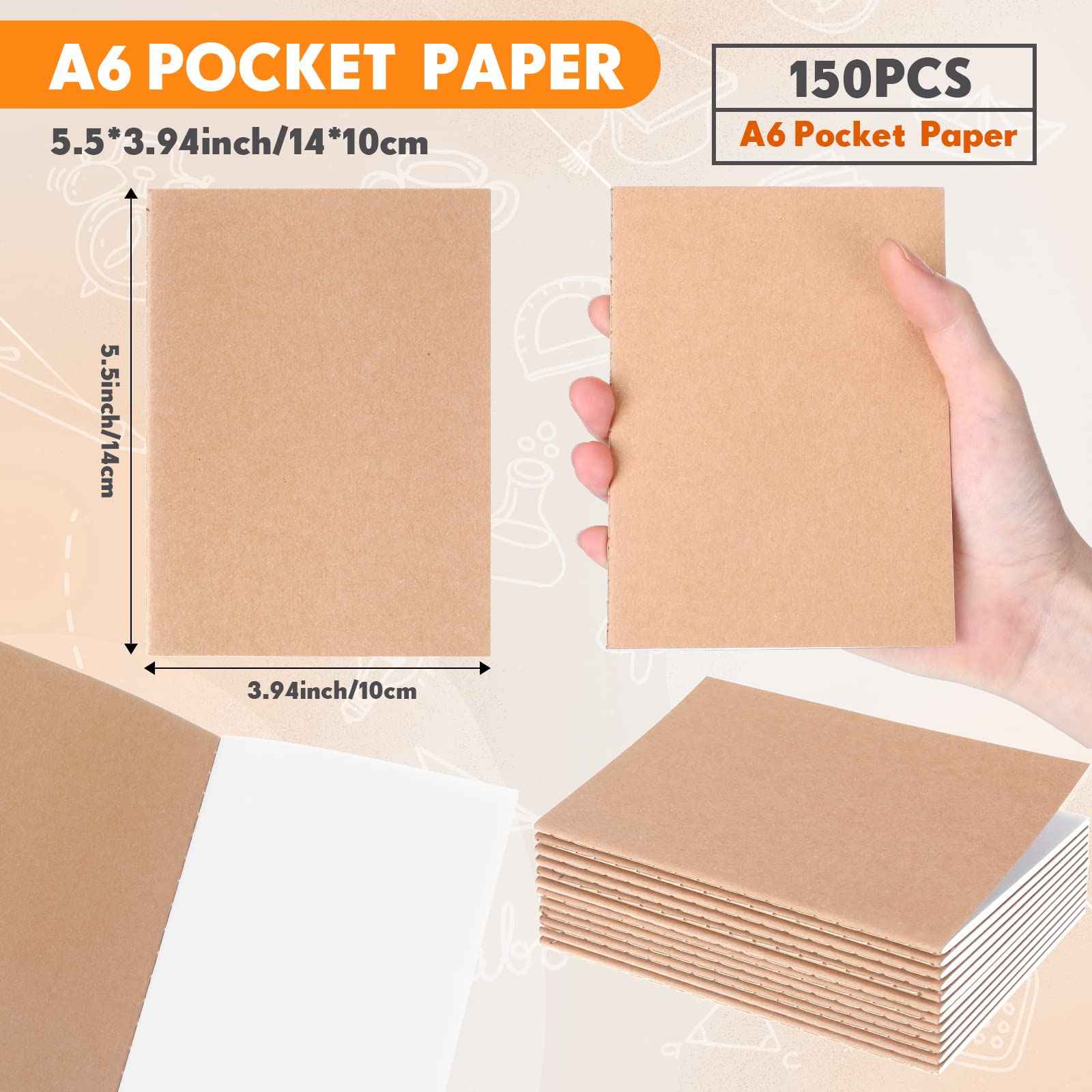 Handepo 150 Pack A6 Kraft Paper Notebooks Blank Page Mini Notebooks Bulk Sewn Travel Journal Kraft Pocket Memo Pad Unlined Subject Notepads for Travelers Students Classroom School Supplies(Brown)
