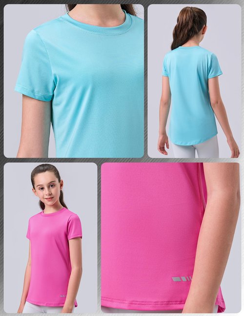 4 Pack: Youth Girls Athletic Shirts, Short Sleeve Dry Fit Apparel Tech Tshirts, Sports Activewear for Kids Teens (Set 6, Youth Small)