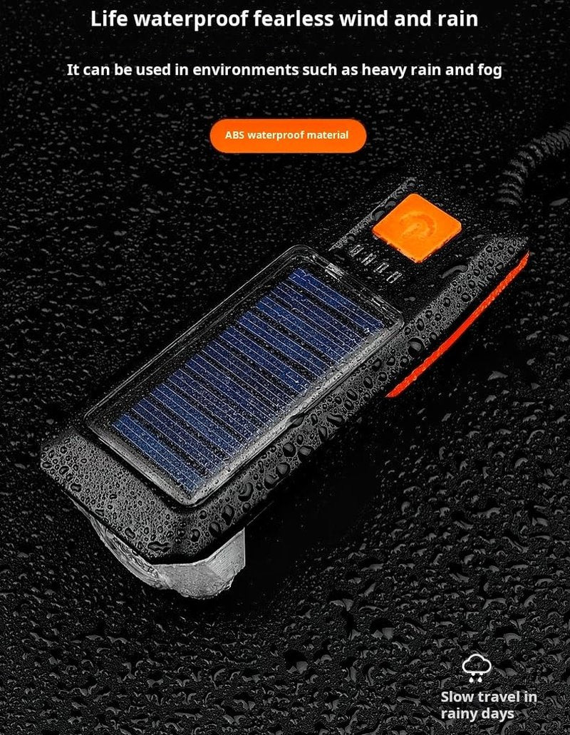 Multi-Functional Solar-Powered and USB Rechargeable Battery Mountain Bike Night Cycling High Brightness Light Bike Front Light and 120dB Horn Bicycle Charging Light (Orange)