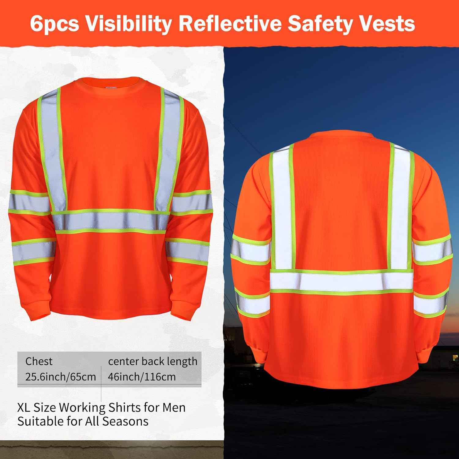 High Visibility Class 3 Safety T-Shirt - 6 Pack Long Sleeve Reflective Work Shirts for Construction & Surveying