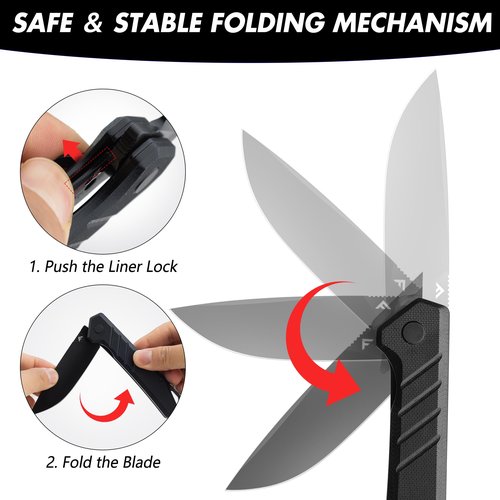 FLISSA Pocket Knife, 3.2" D2 Blade G10 Handle EDC Knife with Pocket Clip for Hunting, Camping, Survival, Outdoor Activities(Black)