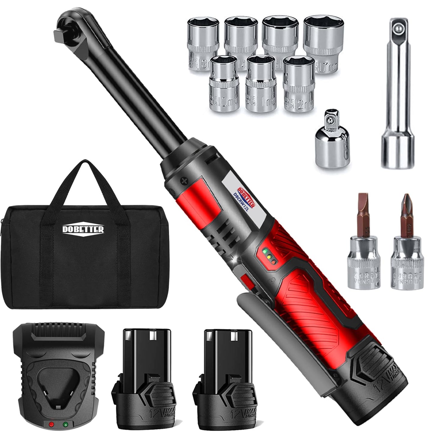 Dobetter Electric Ratchet Wrench 3/8 Cordless Ratchet Wrench Set, Extended 55 N·m Battery Powered Ratchet Tool with 2 * 2Ah Battery, 1 Fast Charger, 7 Sockets, 2 Screwdrivers, 2 Adapters