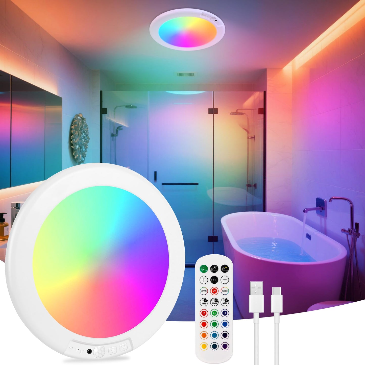 Rodalims Shower Lights for Inside Shower - 1 Pack Rechargeable Ceiling Light with Remote, Color Changing & White Timing Light, Motion Sensor Battery Powered Shower Lamp for Bathroom Closet Patio