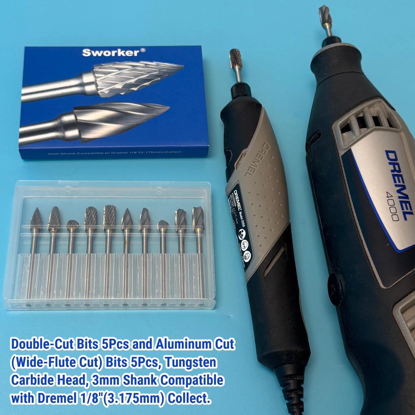 Sworker 10 Pcs Carbide Burr Set 1/8" Shank Compatible with Dremel Bits Double Cut and Aluminum Cut (Wide-Flute Cut) Rotary Tools Attachment Kit Rasp Metal Wood Stone Steel Grinding Carving Cutting