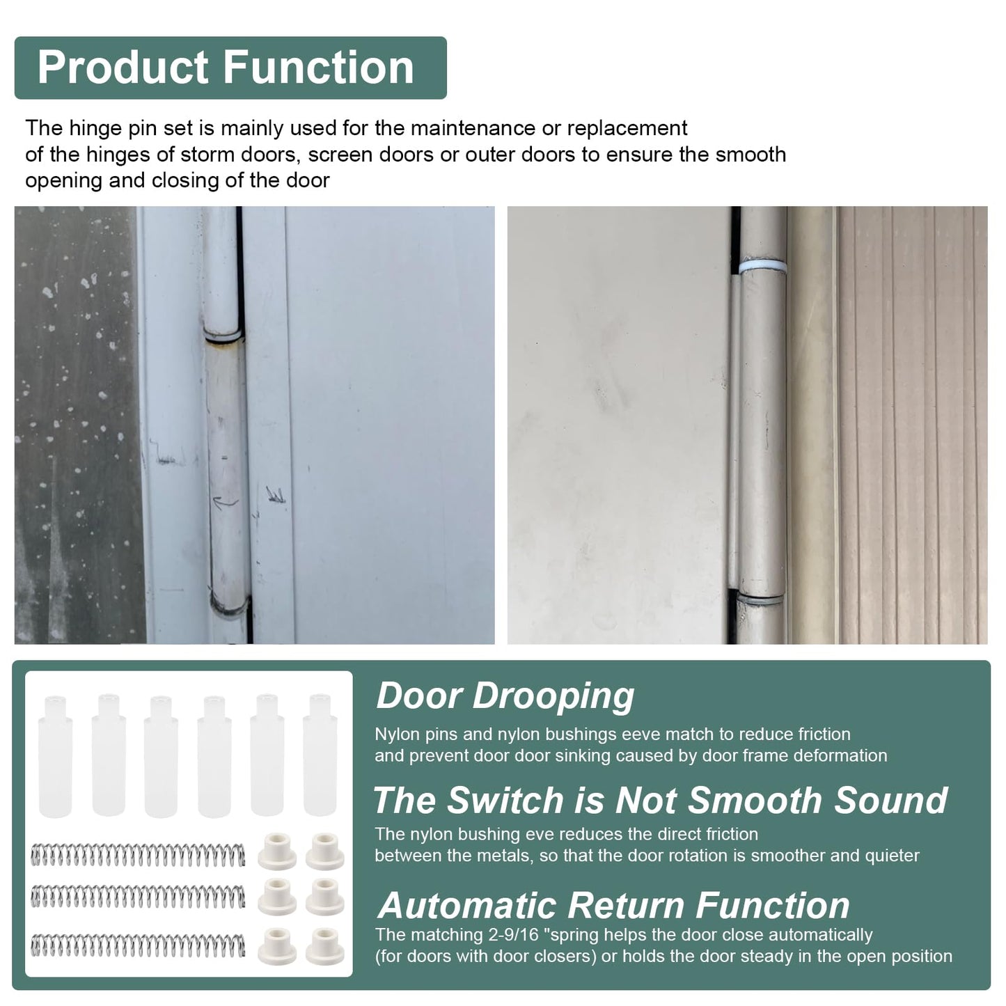 Storm Screen Door Hinge Pin Kit K 5131 Compatible with Prime-Line, Storm Door Repair Replacement Parts - 2-9/16 Inch Steel Springs, 5/16 Inch Nylon Pins and Bushings Fit for Emco/Andersen, 3 Sets