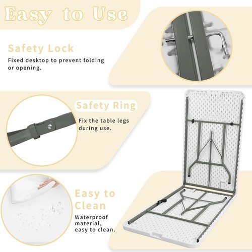 HAISIWLKJ Folding Table 8 FT Camping Table Portable Heavy Duty Plastic Rectangular Outdoor Dining Table Steel Legs Fold-in-Half with Carrying Handle for Indoor,Picnic,Party,Wedding,Events(White)