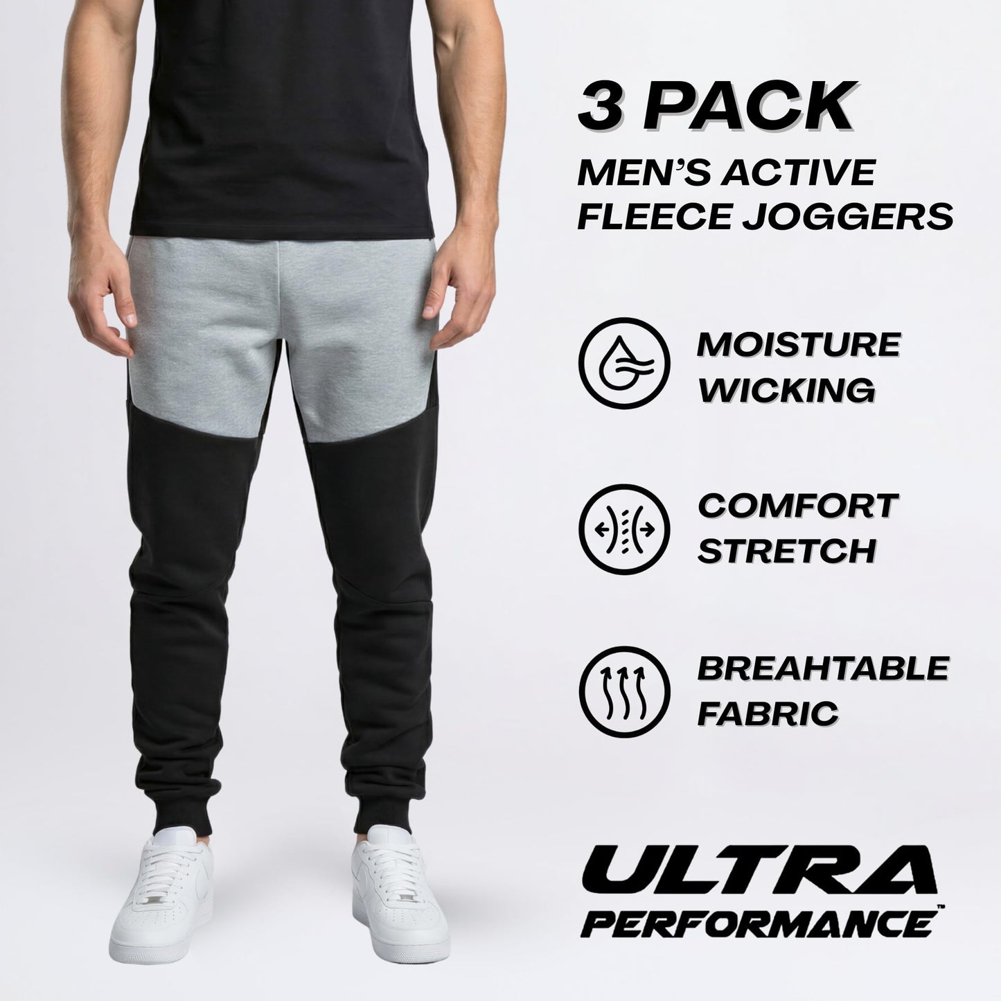 Ultra Performance 3 Pack Fleece Active Tech Joggers for Men, Mens Sweatpants with Zipper Pockets