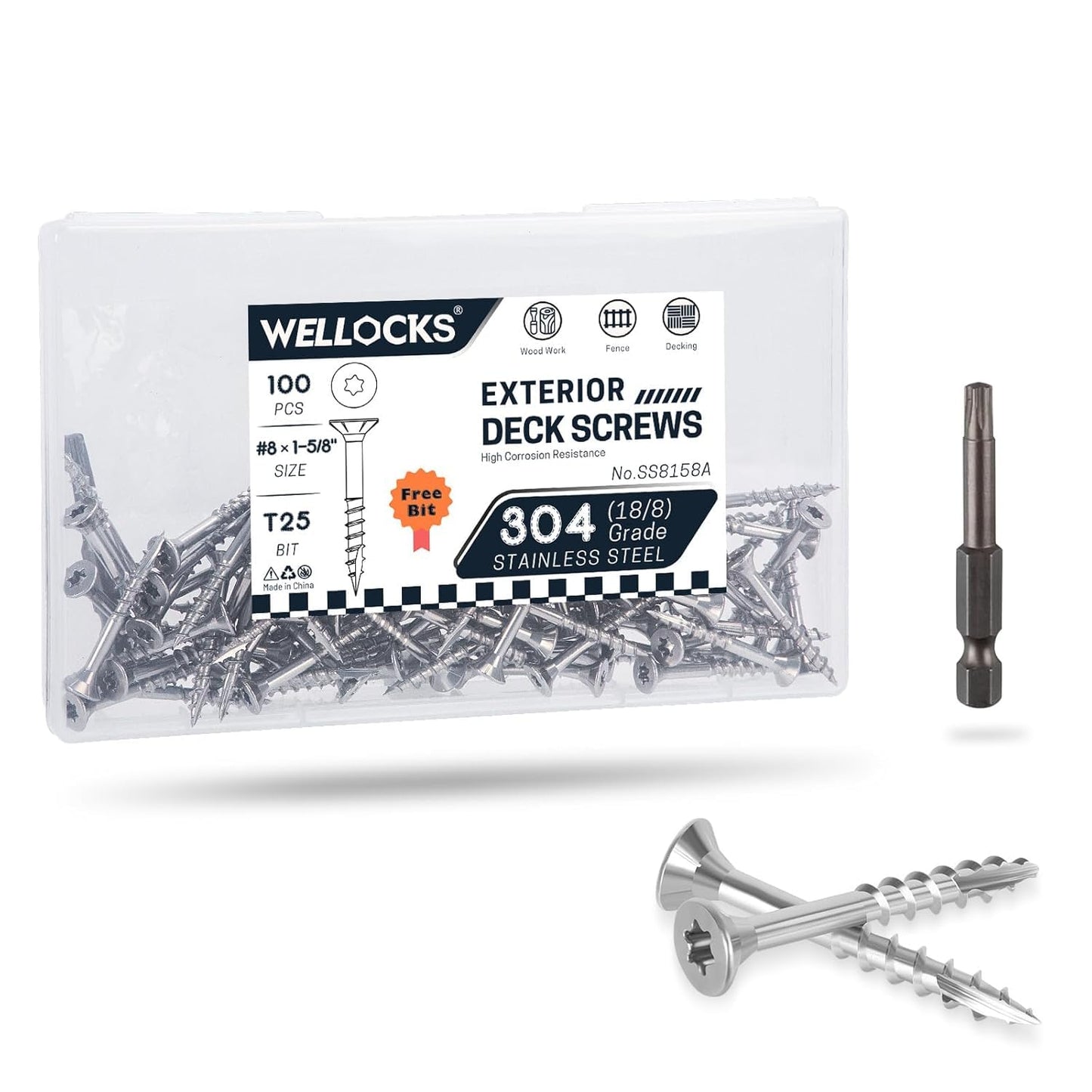 WELLOCKS Deck Screws 304 Stainless Steel #8×1-5/8" 100 PCS with T25 Star Torx Drive Flat Head Wood Screws High Corrosion Resistance for Outdoor Wood Fence(SS8158A)
