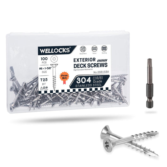 WELLOCKS Deck Screws 304 Stainless Steel #8×1-5/8" 100 PCS with T25 Star Torx Drive Flat Head Wood Screws High Corrosion Resistance for Outdoor Wood Fence(SS8158A)