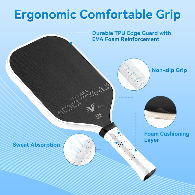 HVLKUB Pickleball Paddle,16mm Raw T700 Carbon Fiber Lightweight Pickle Ball Paddle, Durable &Beginner-Friendly Pickleball Racket,Adults & Kids Pickle Ball Equipment,Comfortable Grip(Box-White)