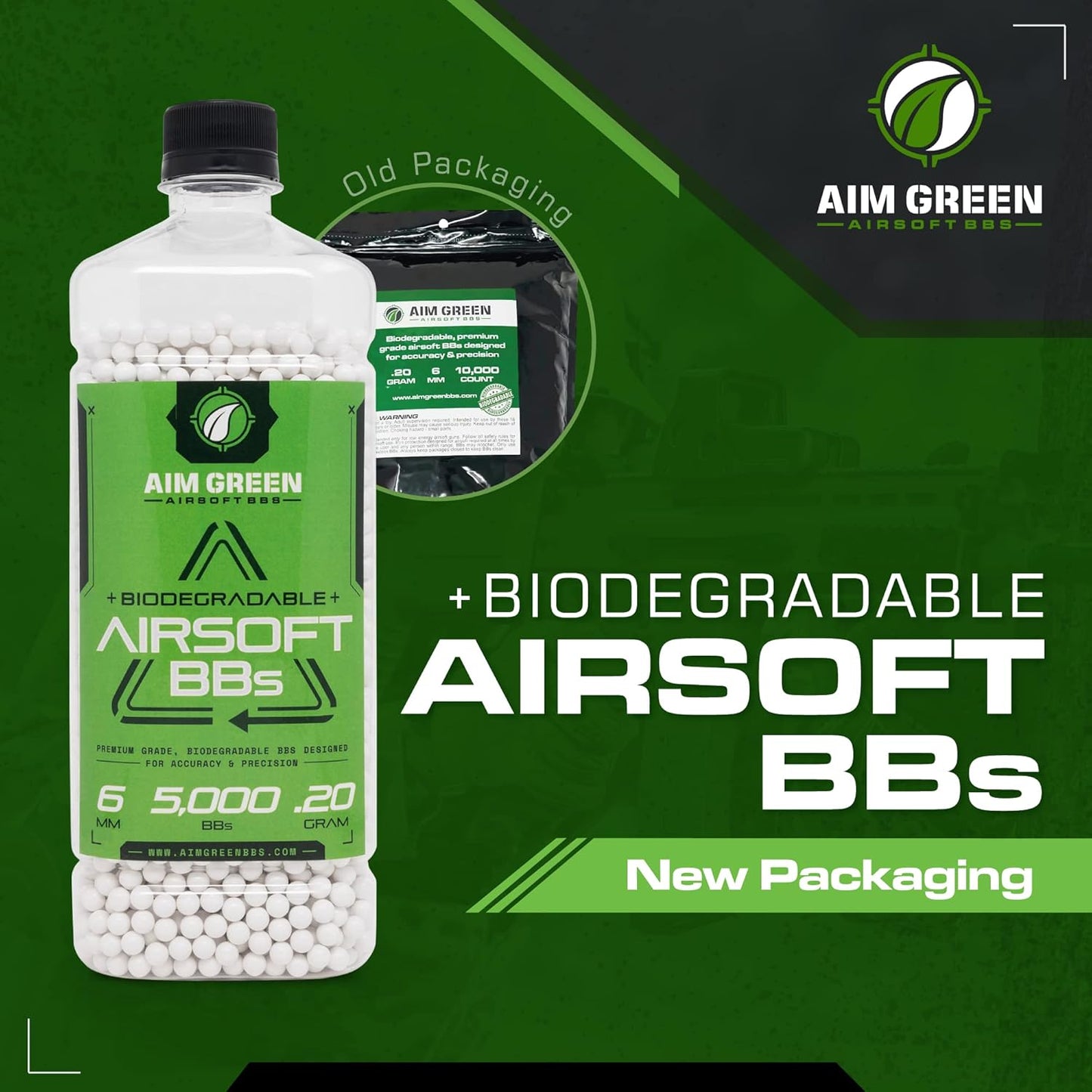 Aim Green Biodegradable 6mm Airsoft BBs - Premium-Grade, 20g to 40g, Available in 2,500 to 10,000 Count