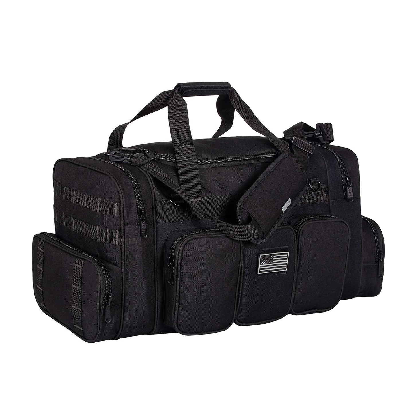K-Cliffs Heavy Duty Tactical Range Duffel Quality Gear Travel Sports Gym Equipment Bag Military Molle Lockable Zippers with US Flag Patch 27 Inch Black