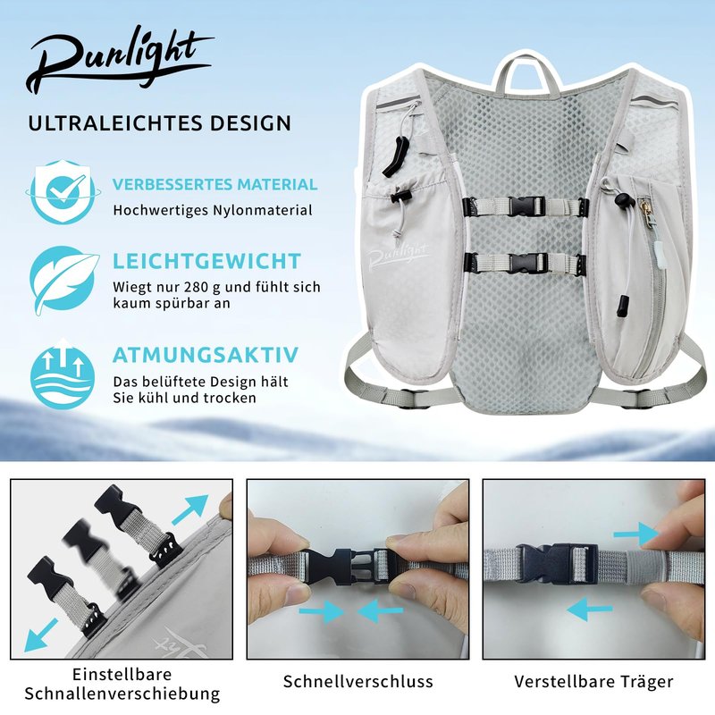 Running Vest for Women Men, Adjustable Hydration Backpack Breathable Reflective with 1.5L Water Bladder for Hiking, Trail, Running, Marathons, Cycling (Gray, One Size)
