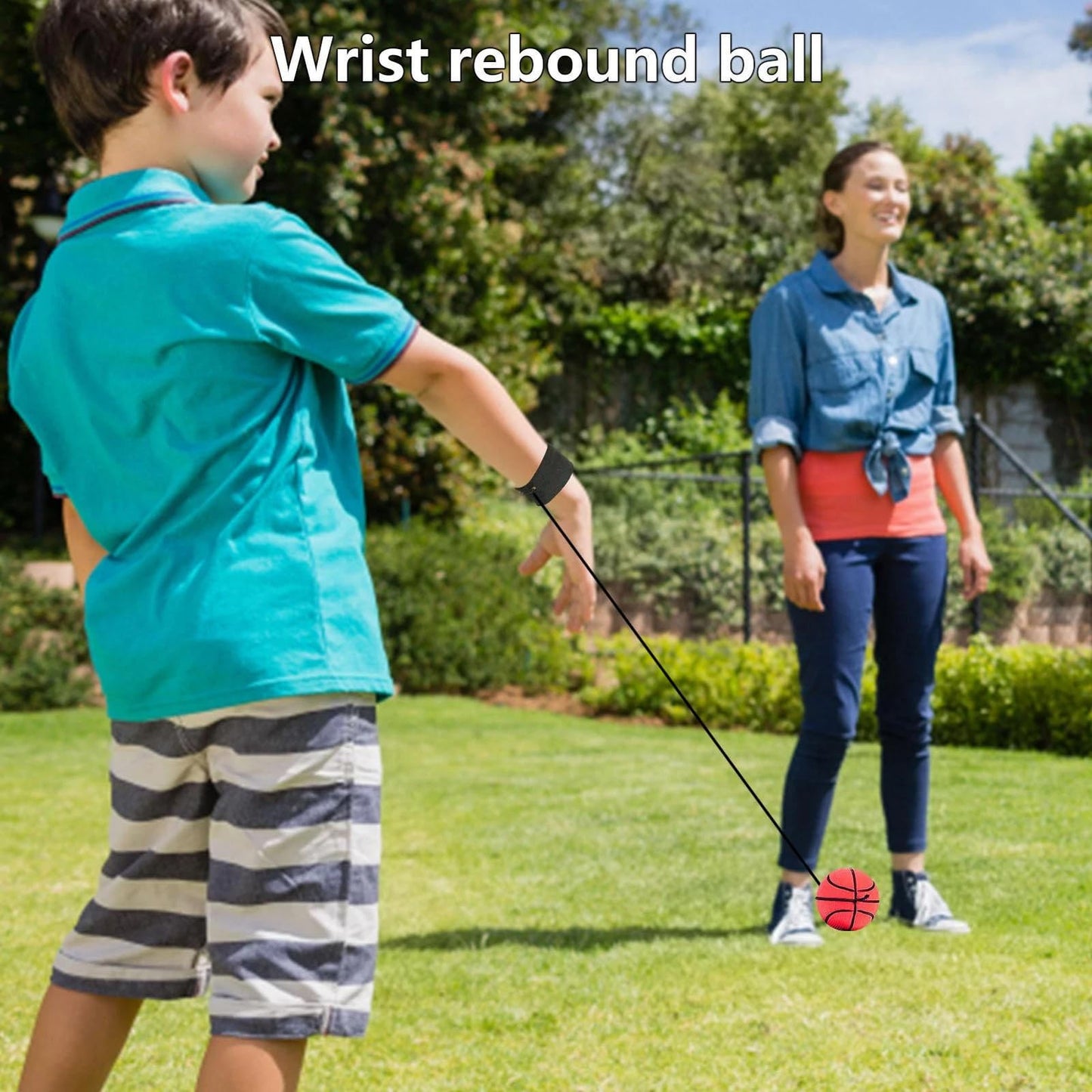 Sndperiexam 2 Pcs Wrist Return Ball Rubber Sport Ball with Wrist Strap and String Rebound Bouncy Balls Wrist Rebound on Elastic String Exercise Play, (Basketball & Football)