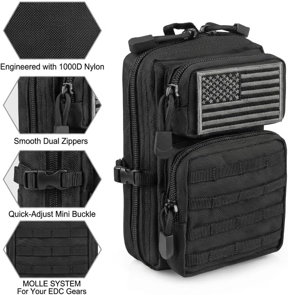 Skiennix Tactical EDC Pouch - 2 Pack Small Molle Design with US Flag Patches