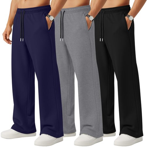Neer 3 Pack Men's Sweatpants Lightweight Athletic Drawstring Open Bottom Pants Workout Running Lounge Pants with Pocket(Black, Dark Mixed Gray, Navy Blue,Large)