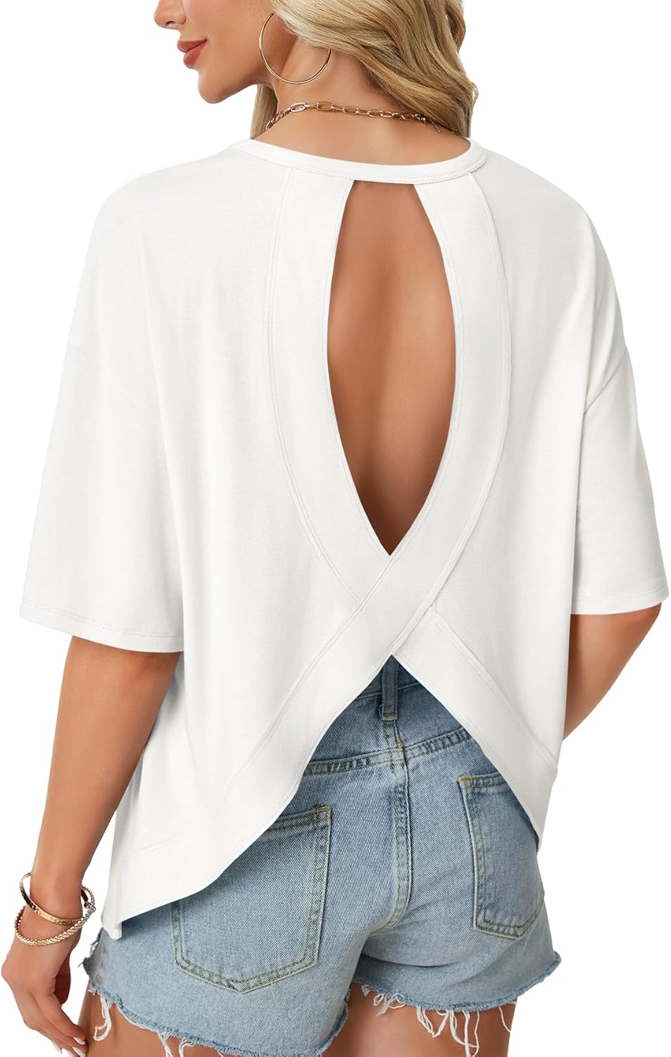 Rooscier Women's Open Back Workout Top - Oversized Backless Half Sleeve Casual Tee | Y2K Style