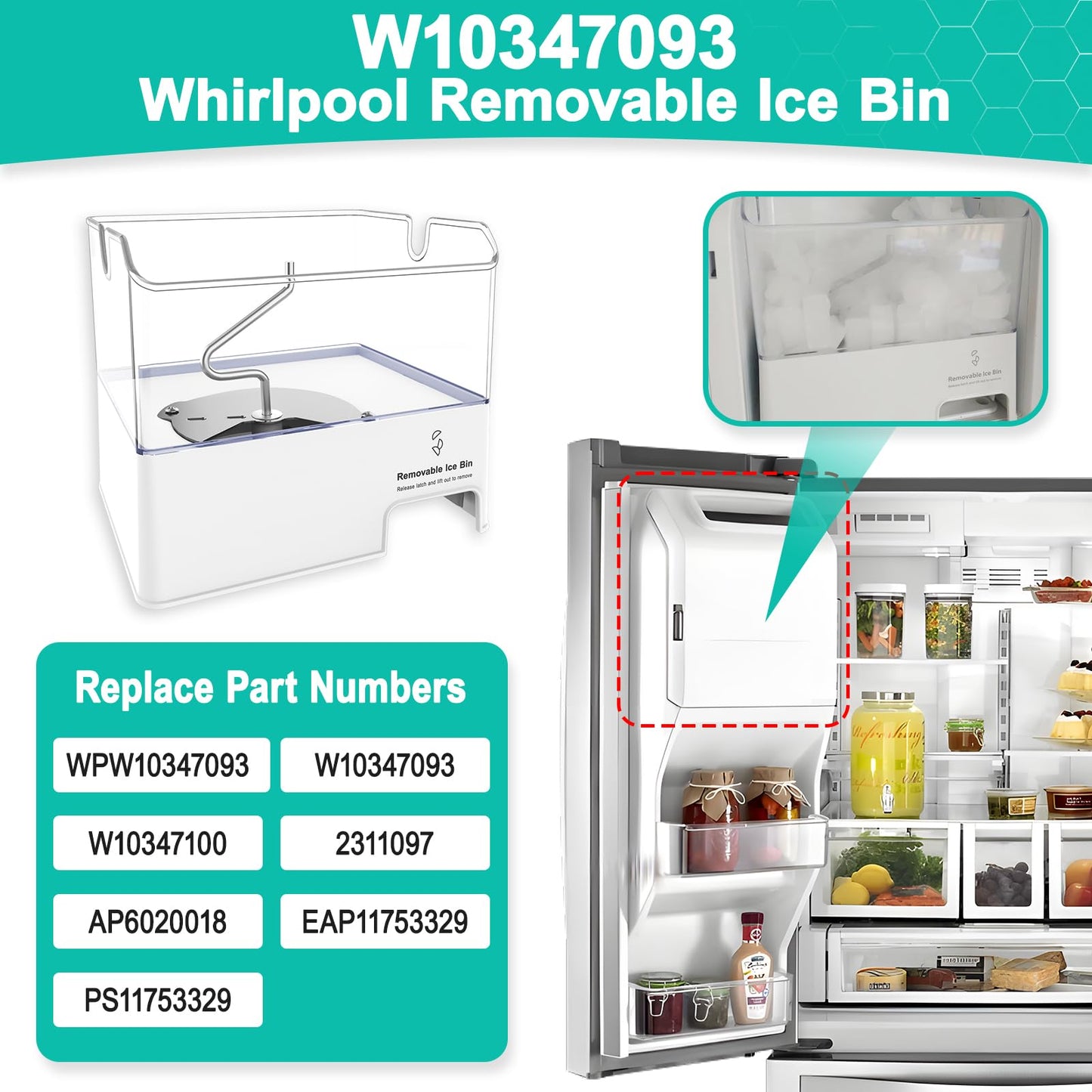 Upgraded W10347093 Removable Ice Bin Replacement for Whirlpool Refrigerator Ice Maker Parts WPW10347093 Ice Bucket fit WRF736SDAM13, WRF736SDAM14, Replace W10347100, AP6020018 Ice Container Assembly