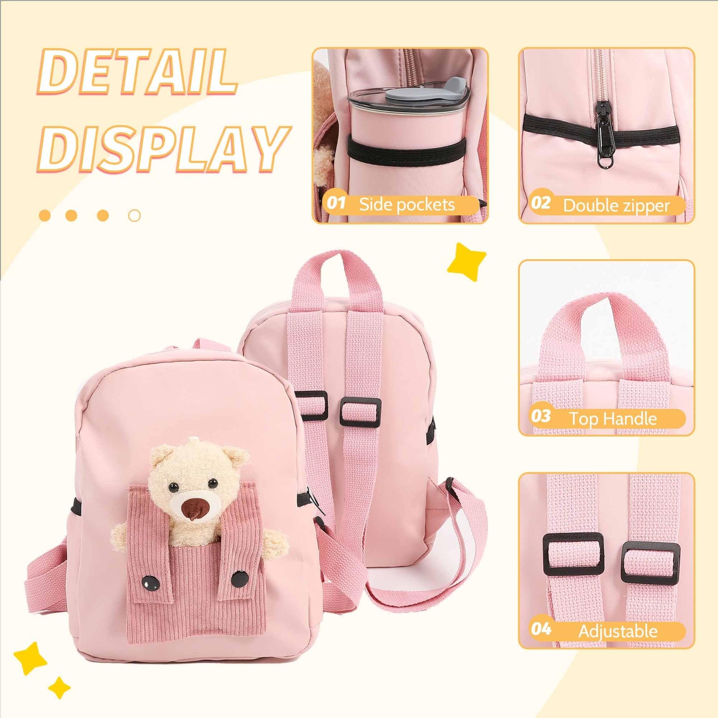 Personalized Little Bear Backpack for Girls Boys with Embroidery Name, Cute Custom Toddler School Bag with Detachable Bear, Pink Backpack for Kids, Back to School Bag, Birthday Gift, Christmas Gift