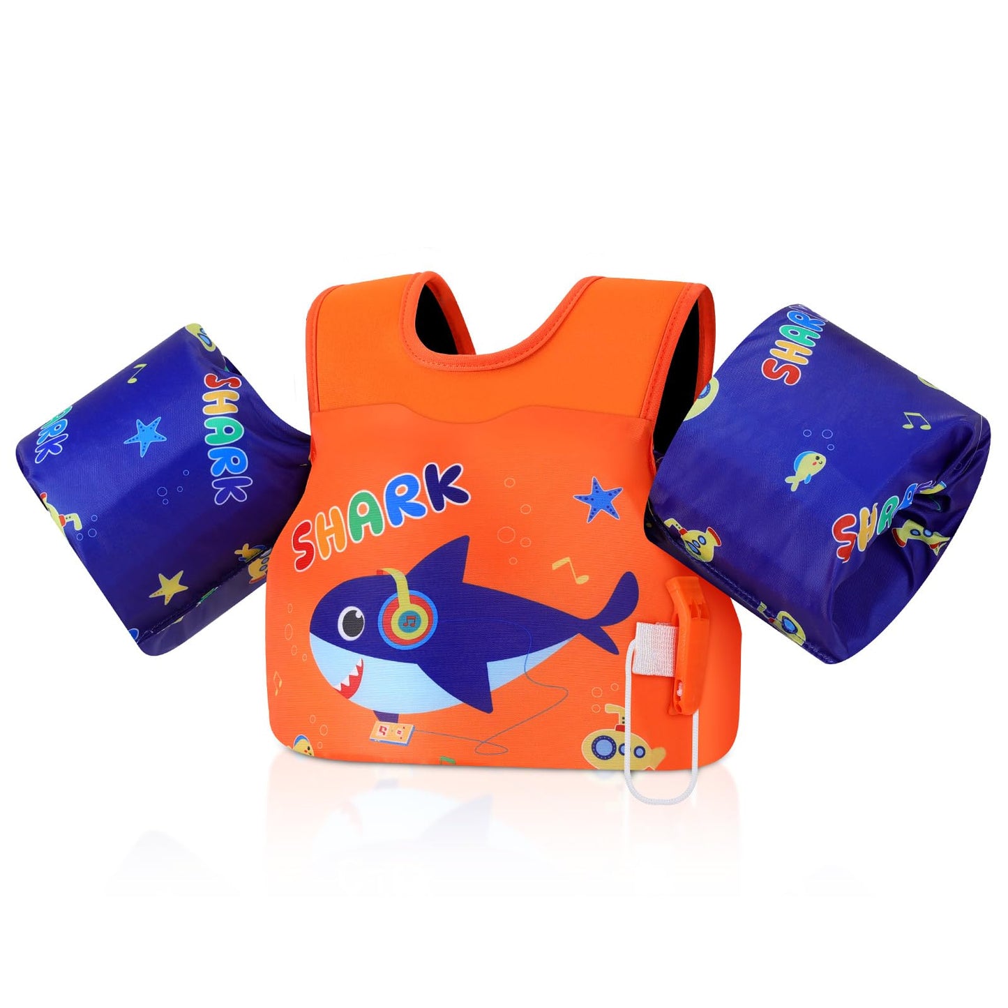 MoKo Toddler Swim Vest for Kids, Arm Floaties for Toddler 20-30-50 lbs, Water Wings with Emergency Whistle, Cute Arm Band Pool Floaties Swim Training Equipment for Pool, Orange Blue Headset Shark
